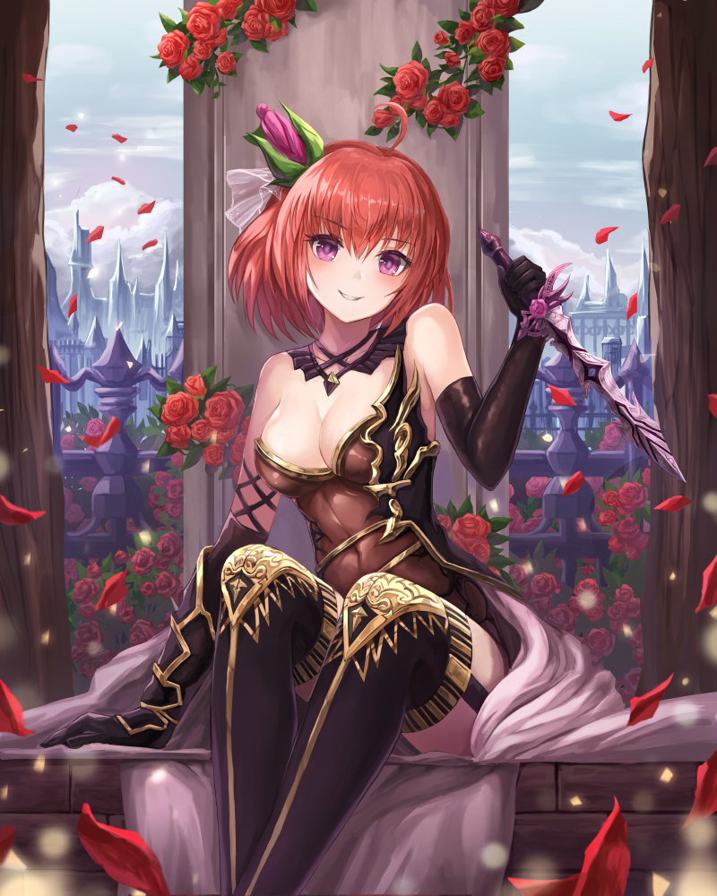 1girl ahoge bare_shoulders boots breasts cleavage dagger elbow_gloves eyebrows_visible_through_hair flower gloves hair_ornament looking_at_viewer lunacle medium_breasts original parted_lips redhead rose short_hair sitting smile solo tagme thigh-highs thigh_boots violet_eyes weapon