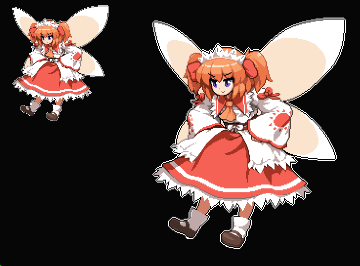 &gt;:) 1girl ascot bangs black_background black_shoes blue_eyes bow closed_mouth commentary_request eyebrows_visible_through_hair fairy_wings full_body hair_bow hands_on_hips long_sleeves mary_janes orange_hair pixel_art red_bow shoes simple_background socks sunny_milk takorin touhou twintails white_legwear wide_sleeves wings