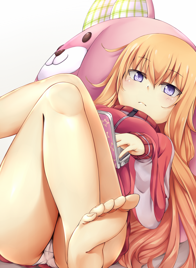 1girl barefoot bean_bag_chair blonde_hair computer eyebrows_visible_through_hair feet gabriel_dropout jacket legs_crossed long_hair looking_at_viewer lying on_back rixch soles solo stuffed_animal stuffed_toy tenma_gabriel_white toes track_jacket violet_eyes