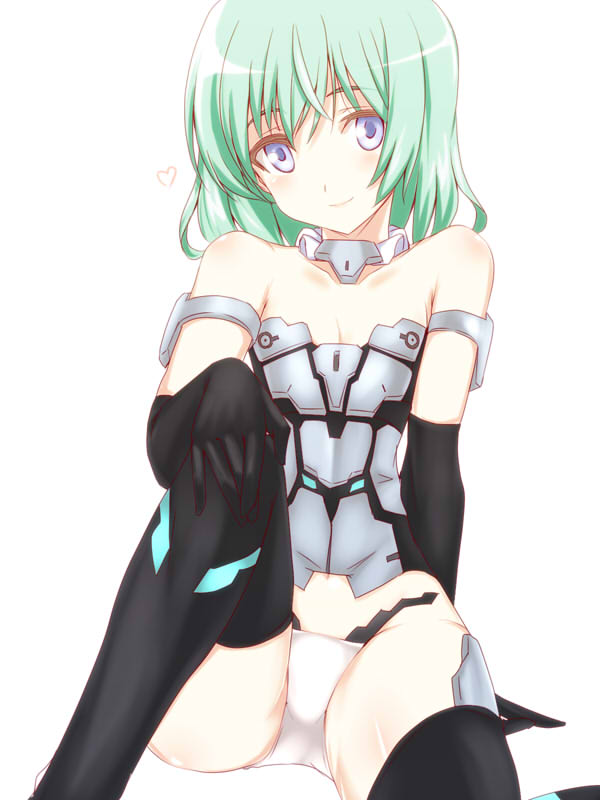 1girl animal_ears bare_shoulders black_gloves black_legwear blue_eyes cat_tail elbow_gloves frame_arms_girl gloves green_hair looking_at_viewer materia_(frame_arms_girl) mecha_musume panties silve simple_background sitting smile solo tail thigh-highs underwear white_background white_panties white_underwear