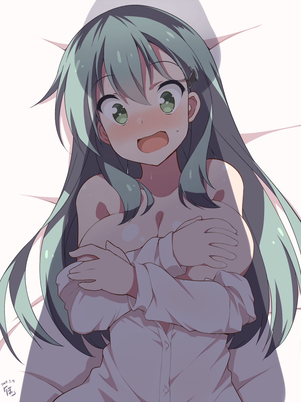 1girl bare_shoulders blush breasts covering covering_breasts dated green_hair hair_ornament hairclip heart heart-shaped_pupils highres hoppege kantai_collection large_breasts long_hair looking_at_viewer lying off_shoulder on_back open_mouth partially_undressed shadow signature solo suzuya_(kantai_collection) sweatdrop symbol-shaped_pupils