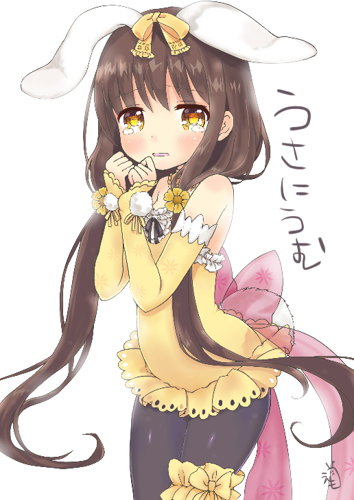 1girl animal_ears arm_warmers black_legwear bow brown_hair cowboy_shot emo_(mikan) flower_knight_girl frills hair_bow helenium_(flower_knight_girl) leotard long_hair looking_at_viewer pantyhose pink_bow rabbit_ears solo tears twintails white_background yellow_bow yellow_eyes yellow_leotard