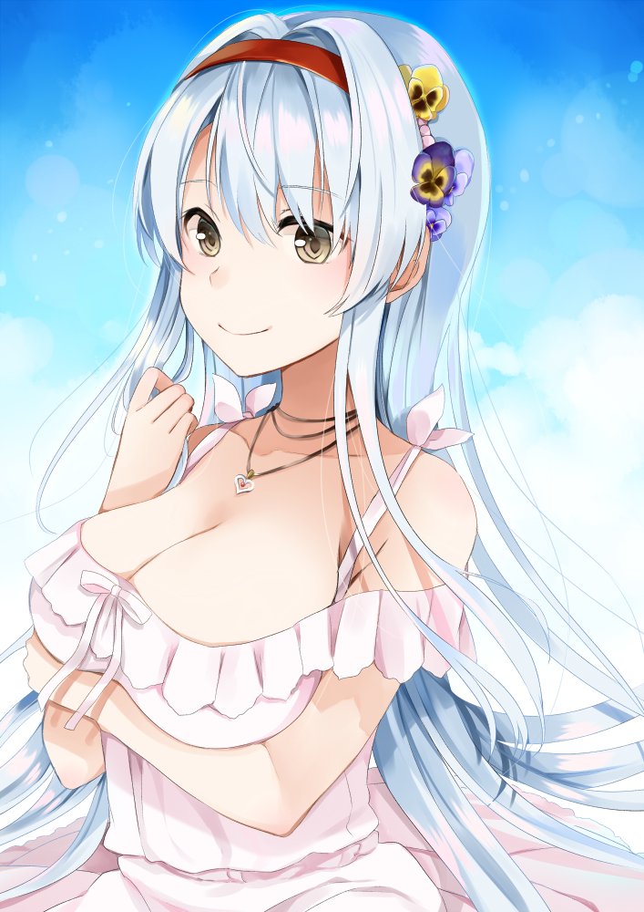 1girl alternate_costume blue_background breasts cleavage collarbone dress flower frilled_dress frills hair_flower hair_ornament jewelry kantai_collection large_breasts long_hair looking_at_viewer necklace red_headband remodel_(kantai_collection) shoukaku_(kantai_collection) silver_hair smile solo upper_body wedding_dress white_dress yellow_eyes yuna_(yukiyuna)