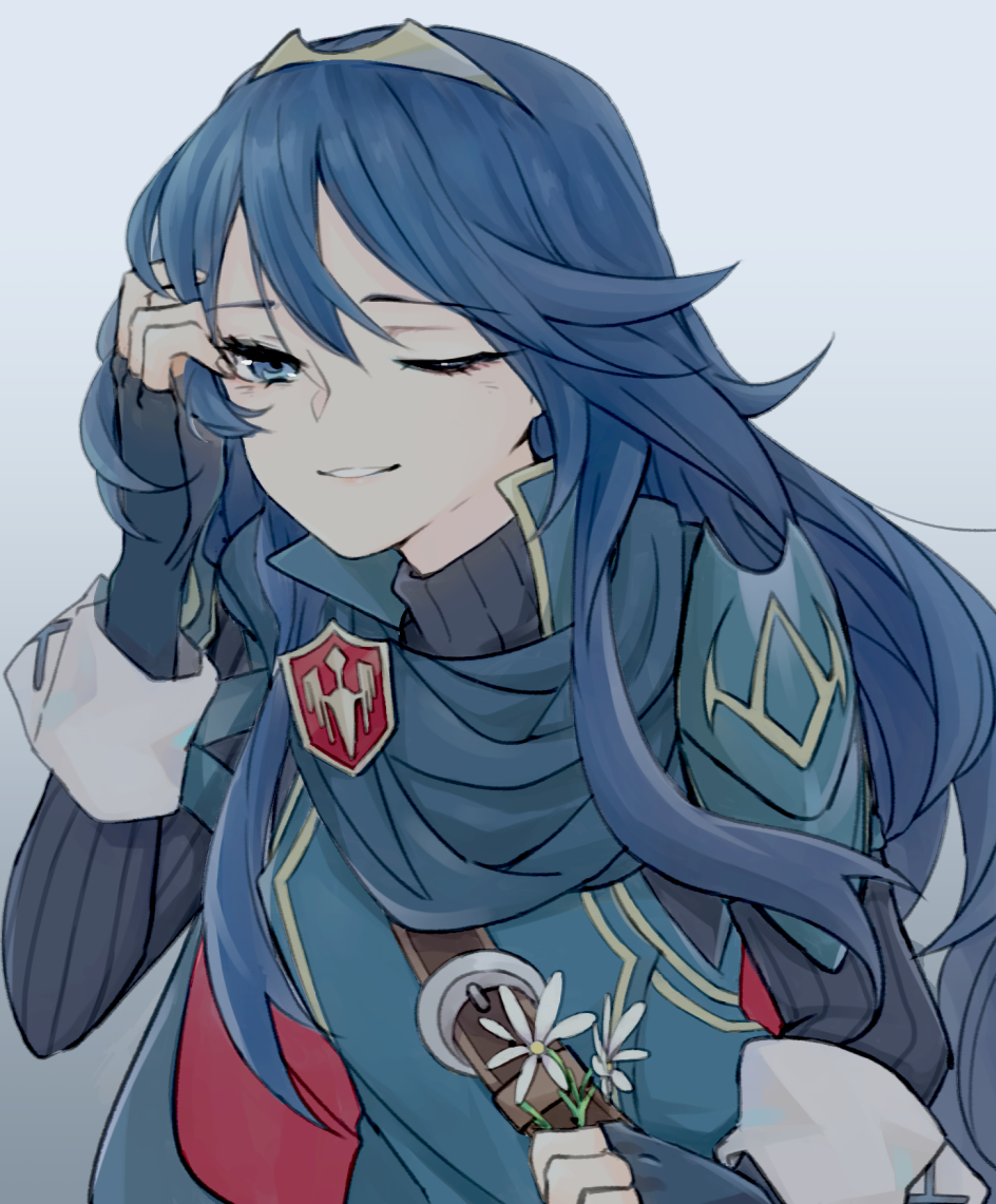 1girl armor blue_eyes blue_hair breastplate cape fingerless_gloves fire_emblem fire_emblem:_kakusei flower gloves long_hair looking_at_viewer lucina one_eye_closed pauldrons simple_background solo solo_focus