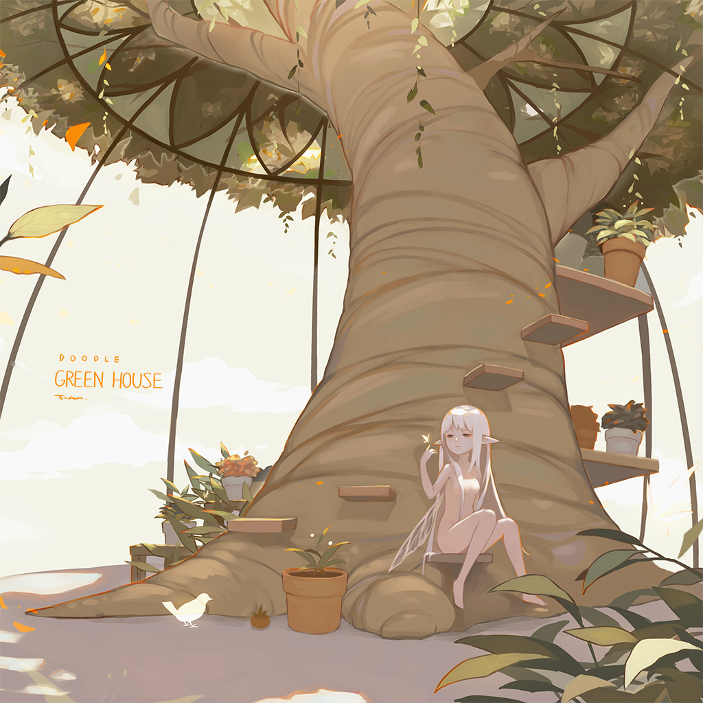1girl barefoot bird blue_eyes breasts butterfly closed_mouth echosdoodle english fairy fairy_wings long_hair looking_at_another nude original plant potted_plant shadow shelf signature simple_background sitting small_breasts solo tree very_long_hair white_background white_hair wings