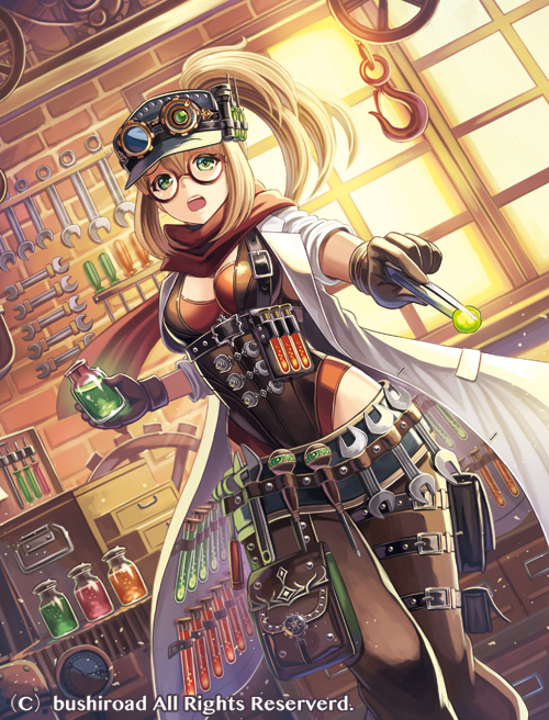1girl belt blonde_hair bottle breasts brick_wall brown-framed_eyewear brown_gloves cardfight!!_vanguard cleavage coat company_name dutch_angle flask foreshortening glasses gloves goggles goggles_on_headwear green_eyes hat high_ponytail highleg highleg_leotard hook indoors labcoat leotard long_hair looking_at_viewer madopen medium_breasts official_art open_clothes open_coat open_mouth outstretched_arm pants ponytail pouch scarf solo standing steam_doctor_enja steampunk thigh_strap tool_belt tools vial watermark window wrench