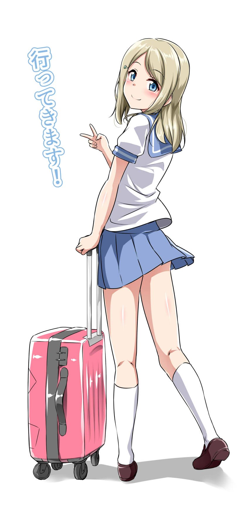 1girl ayase_arisa blonde_hair blue_eyes blue_skirt blush brown_shoes eyebrows_visible_through_hair hair_ornament hairclip highres kneehighs looking_at_viewer looking_back love_live!_school_idol_project shoes skirt smile solo star star_hair_ornament suitcase text translated v white_legwear yopparai_oni