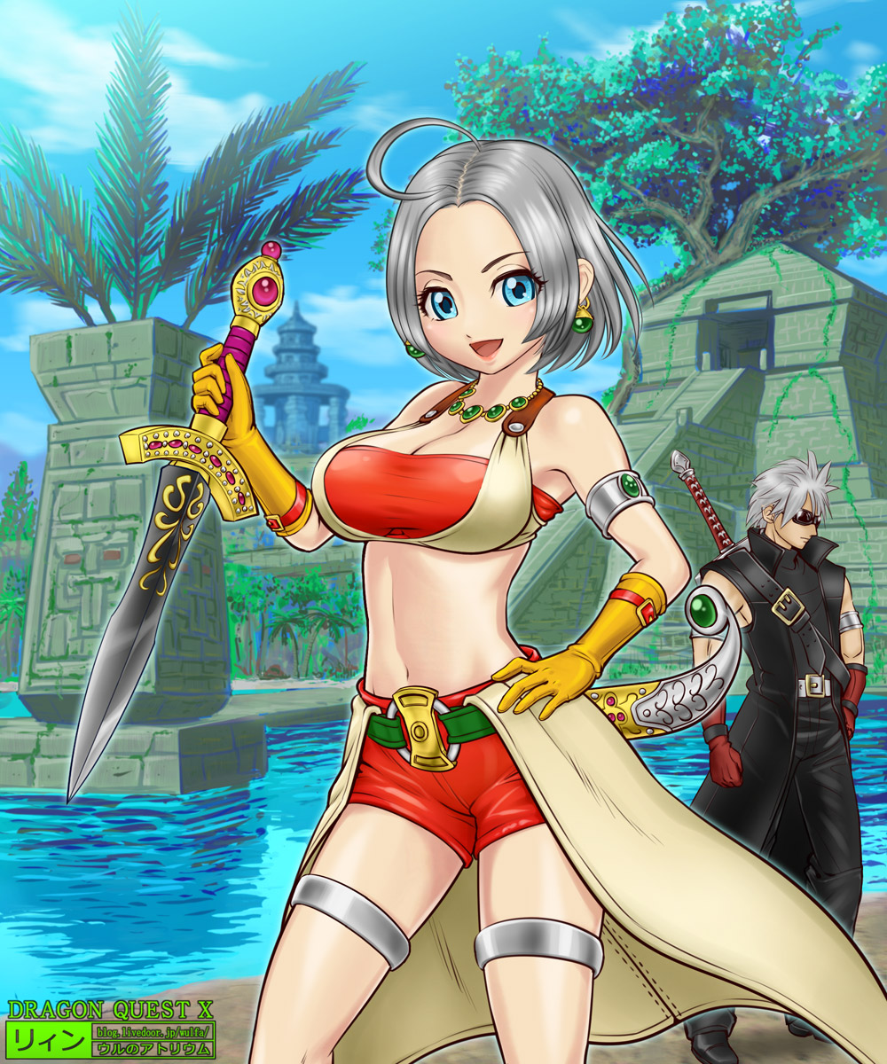 1boy 1girl :d ahoge armlet bandeau blue_eyes breasts coat copyright_name dagger dragon_quest dragon_quest_x earrings gem gloves hand_on_hip highres holding holding_weapon jewelry large_breasts looking_at_viewer maya_(culture) midriff necklace open_mouth overcoat raul_(dq10) red_shorts riin_(dq10) short_hair shorts silver_hair smile solo_focus sunglasses thigh_strap ur_(wulfa) water watermark weapon web_address
