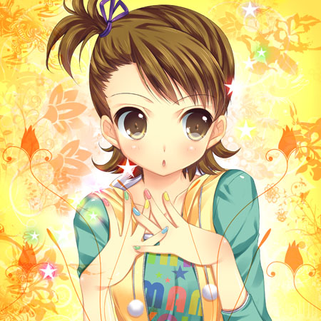 :o blush brown_eyes brown_hair chestnut_mouth eyebrows_visible_through_hair idolmaster looking_away lowres mitsumomo_mamu open_mouth short_hair star yellow_background