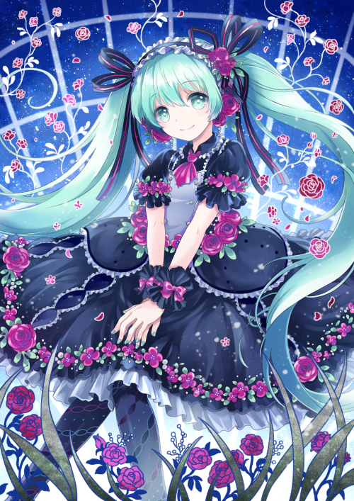 1girl aqua_eyes aqua_hair ascot bangs black_dress commentary_request dress eyebrows_visible_through_hair flower frilled_dress frilled_hairband frilled_sleeves frills hair_flower hair_ornament hair_ribbon hairband hatsune_miku knees_together_feet_apart kona_(canaria) leaf long_hair looking_at_viewer nail_polish own_hands_together pantyhose puffy_short_sleeves puffy_sleeves ribbon scrunchie short_sleeves smile solo twintails vocaloid wrist_scrunchie