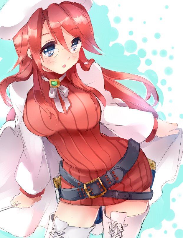 1girl aty_(summon_night) belt beret blue_eyes blush boots breasts cape colored glasses hat large_breasts long_hair long_sleeves nagare open_mouth redhead ribbed_sweater simple_background solo summon_night summon_night_3 sweater thigh-highs thigh_boots white_boots white_legwear