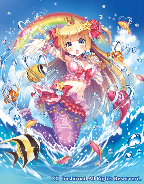 1girl blonde_hair blush bow bracelet breasts cardfight!!_vanguard cleavage company_name crown day fish green_eyes heart jewelry long_hair looking_at_viewer madopen medium_breasts mermaid microphone midriff monster_girl navel necklace official_art open_mouth rainbow sky solo splash_daughter_rachel star two_side_up water