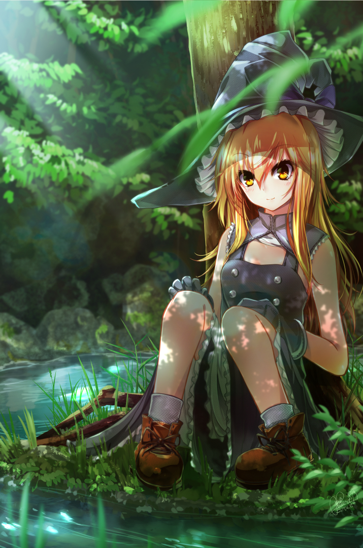 1girl adapted_costume bangs black_dress black_gloves blonde_hair blush breasts brown_shoes closed_mouth dappled_sunlight day dress forest frilled_dress frills full_body gloves hat kirisame_marisa knees_up kurasaki_cority long_hair looking_at_viewer medium_breasts nature outdoors river shoes sidelocks sitting smile solo sunlight touhou witch_hat yellow_eyes