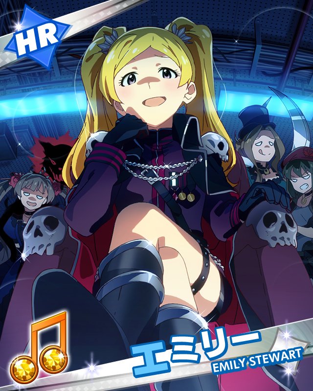 4girls beret blonde_hair boots character_name emily_stewart hakozaki_serika hat idolmaster idolmaster_million_live! legs_crossed looking_at_viewer multiple_girls musical_note nagayoshi_subaru nikaidou_chizuru official_art open_mouth sitting skull top_hat twintails