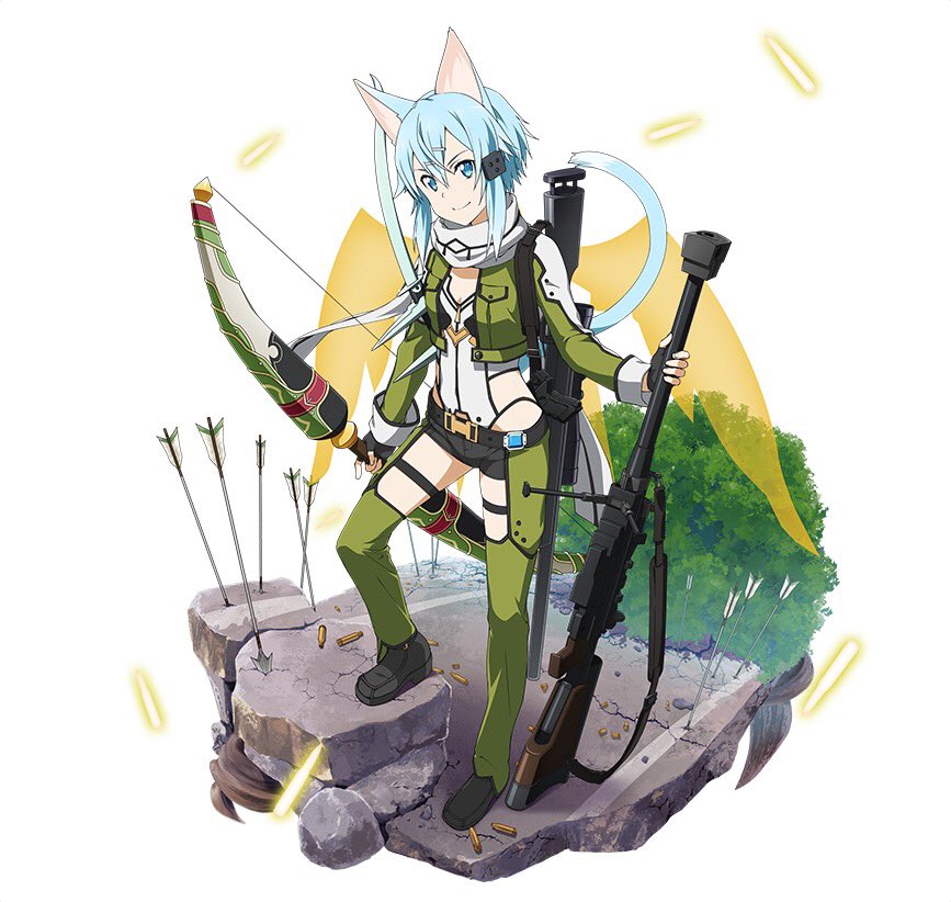 1girl animal_ears arrow belt black_gloves black_shorts blue_eyes blue_hair bow_(weapon) breasts bullet cat_ears cat_tail cleavage fingerless_gloves full_body gloves green_jacket green_legwear gun hair_ornament hairclip heart holding holding_gun holding_weapon jacket leotard looking_at_viewer pgm_hecate_ii rifle scarf shinon_(sao) shinon_(sao-alo) short_hair_with_long_locks short_shorts shorts sidelocks simple_background small_breasts smile sniper_rifle solo standing sword_art_online tail thigh_strap transparent transparent_wings tree weapon white_background white_scarf wings zipper