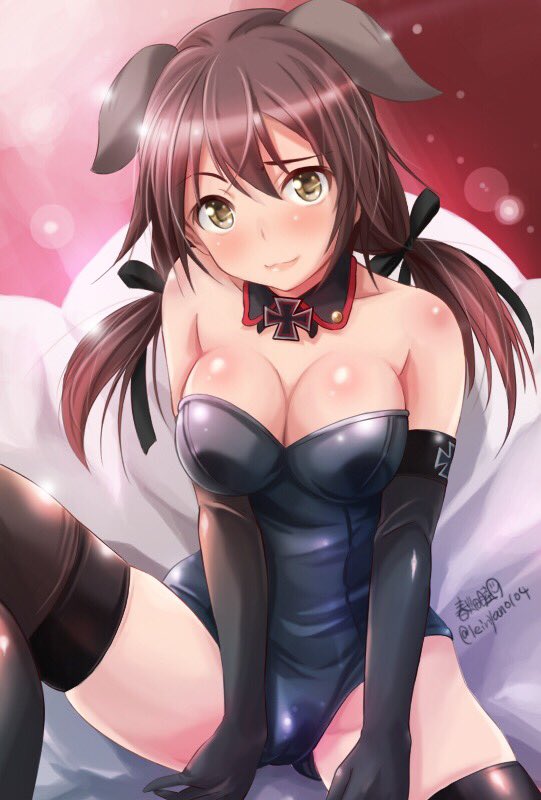 1girl animal_ears artist_name bangs black_gloves black_legwear black_leotard black_ribbon breasts brown_eyes brown_hair bunnysuit cleavage closed_mouth detached_collar dog_ears elbow_gloves gertrud_barkhorn gloves hair_ribbon haruhata_mutsuki iron_cross lens_flare leotard long_hair looking_at_viewer medium_breasts playboy_bunny_leotard ribbon signature sitting skindentation smile solo strapless strapless_leotard strike_witches thigh-highs twintails twitter_username v_arms world_witches_series