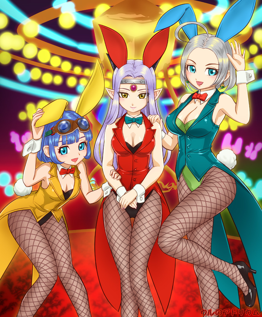 3girls ahoge animal_ears bare_shoulders black_shoes bow bowtie breasts bunny_girl bunny_tail bunnysuit cleavage coattails detached_collar dragon_quest dragon_quest_x earrings estella_(dq10) fake_animal_ears fishnet_pantyhose fishnets goggles goggles_on_head hands_together headpiece high_heels horns jewelry leotard lipstick long_hair looking_at_viewer makeup medium_breasts multiple_girls open_mouth pantyhose rabbit_ears riin_(dq) riin_(dq10) seraphy_(dq10) shoes short_hair small_breasts smile tail ur_(wulfa) wrist_cuffs