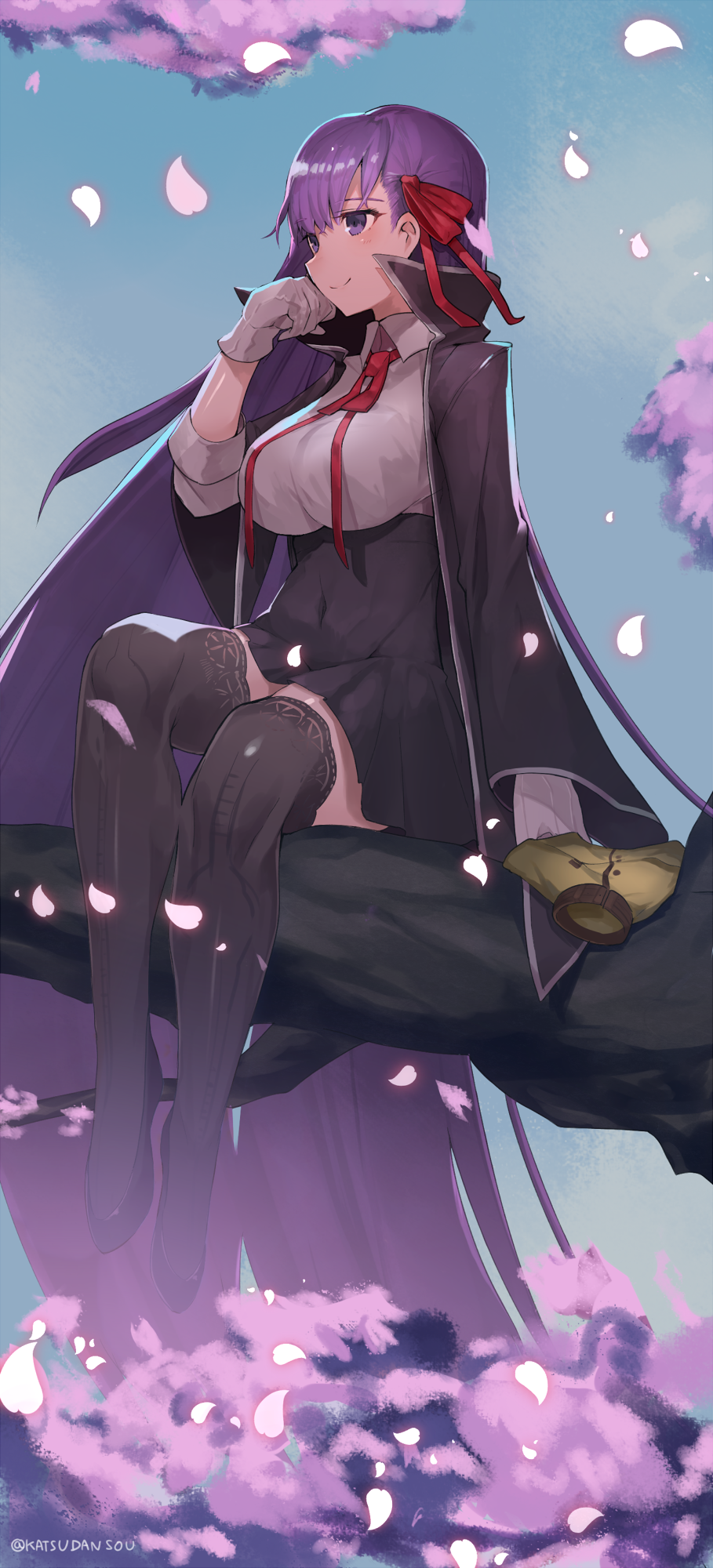 1girl arm_support bb_(fate/extra_ccc) branch breasts cape capelet fate/extra fate/extra_ccc fate_(series) gloves highres katsudansou large_breasts long_hair petals purple_hair sitting smile solo thigh-highs very_long_hair violet_eyes