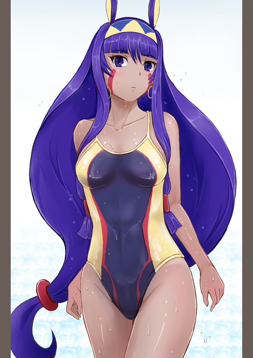 1girl animal_ears blue_eyes blue_hair dark_skin earrings facial_mark fate/grand_order fate_(series) hairband highres hoop_earrings jewelry long_hair nitocris_(fate/grand_order) one-piece_swimsuit sai-go sidelocks solo swimsuit tied_hair very_long_hair wet wet_clothes wet_swimsuit