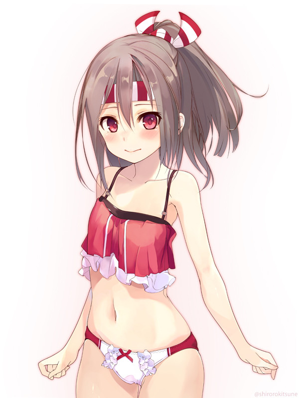 1girl :&gt; artist_name bare_arms blush bow bow_panties brown_hair collarbone cowboy_shot hachimaki hair_between_eyes headband high_ponytail kantai_collection long_hair looking_at_viewer midriff navel panties pink_background red_bow red_eyes revision shirokitsune solo twitter_username underwear underwear_only white_background white_panties zuihou_(kantai_collection)