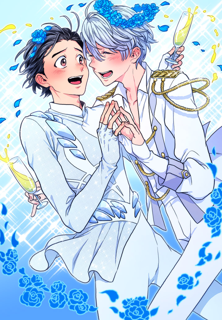 2boys ^_^ alcohol black_hair blue_rose bodysuit brown_eyes champagne champagne_flute closed_eyes cup drinking_glass epaulettes flower hair_slicked_back hands_together head_wreath katsuki_yuuri male_focus multiple_boys naruko_(nalcoro) open_mouth petals rose silver_hair smile sparkle viktor_nikiforov yuri!!!_on_ice