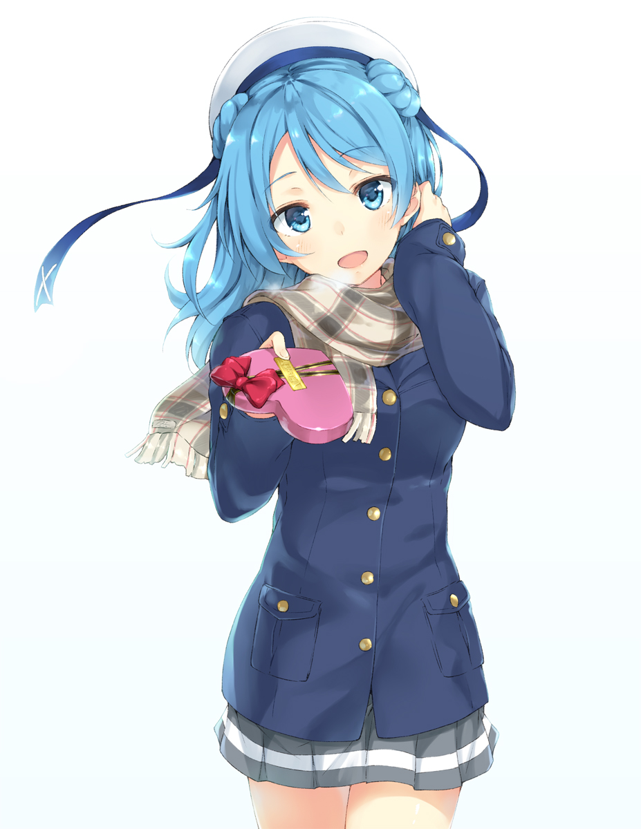 1girl :d alternate_costume beret blue_eyes blue_hair blush bow box breath buttons coat cowboy_shot double_bun eyebrows_visible_through_hair hair_tucking hand_up hat heart-shaped_box highres holding holding_box incoming_gift indigorabbit kantai_collection long_hair long_sleeves looking_at_viewer open_mouth pleated_skirt pocket red_bow sailor_hat scarf skirt smile solo urakaze_(kantai_collection) valentine white_background