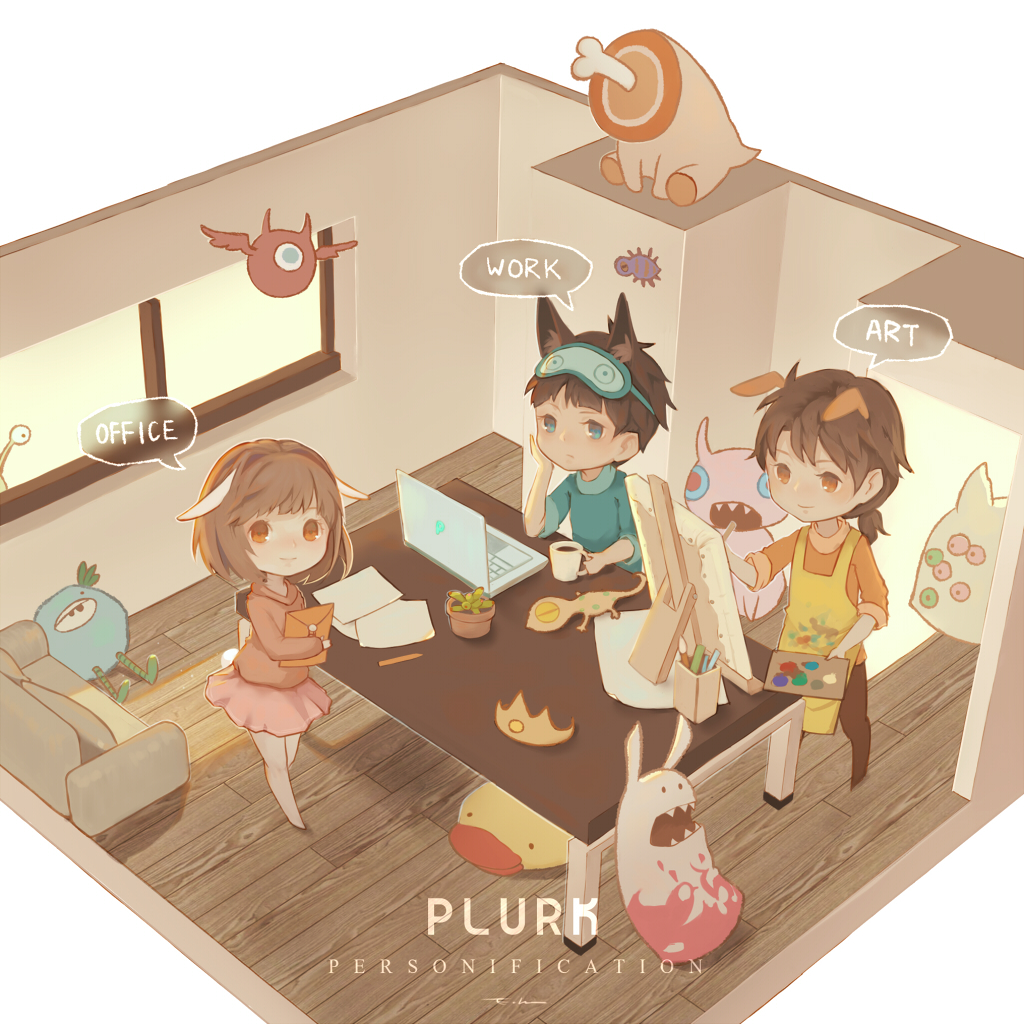 1girl 2boys animal_ears apron aqua_eyes aqua_shirt blush brown_eyes brown_hair brown_pants canvas_(object) chin_rest closed_mouth computer copyright_name couch creature cup easel echosdoodle english envelope fox_ears from_above full_body hood hoodie laptop low_ponytail manila_envelope mug multiple_boys orange_shirt original painting pants paper pencil personification pink_skirt plant plurk potted_plant room shirt short_ponytail signature skirt sleep_mask smile speech_bubble stuffed_animal stuffed_toy table tiara walking window wooden_floor