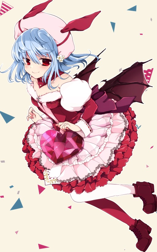 1girl alternate_costume alternate_headwear asymmetrical_legwear bat_wings blue_hair blush boots collarbone detached_collar detached_sleeves dress flower frilled_dress frills fur_trim hat heart long_sleeves looking_at_viewer morita_gurutamin puffy_sleeves red_eyes remilia_scarlet ribbon short_hair smile solo sparkle strapless strapless_dress touhou wings