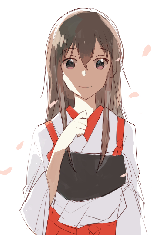 1girl akagi_(kantai_collection) brown_eyes brown_hair hair_between_eyes hakama japanese_clothes kantai_collection long_hair muneate nontraditional_miko petals red_hakama sidelocks simple_background smile solo takamachiya tasuki white_background