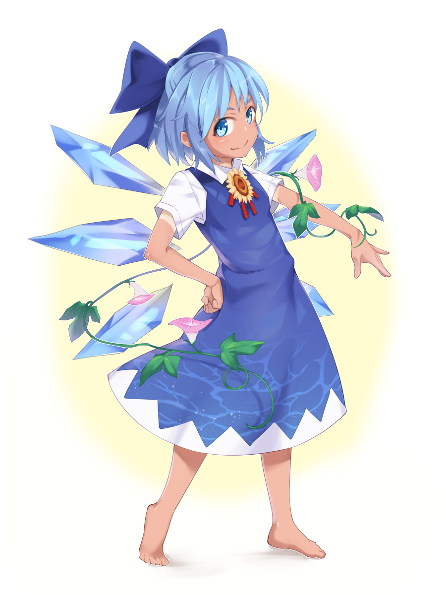 &gt;:) 1girl asu_tora barefoot blue_bow blue_dress blue_eyes blue_hair bow cirno dress flower full_body hair_bow hand_on_hip hidden_star_in_four_seasons highres ice ice_wings large_bow leaf looking_at_viewer outstretched_arm plant pose short_hair short_sleeves simple_background smile solo sunflower tan tanline touhou vines white_background wings