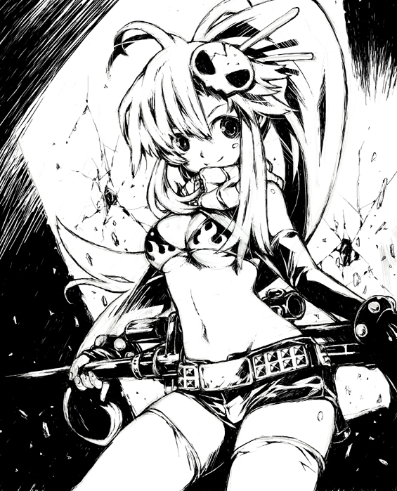 1girl anti-materiel_rifle belt bikini bikini_top breasts cleavage elbow_gloves gloves greyscale gun hair_ornament haku_(sabosoda) long_hair monochrome ponytail rifle short_shorts shorts skull_hair_ornament smile sniper_rifle solo studded_belt swimsuit tengen_toppa_gurren_lagann thigh-highs under_boob very_long_hair weapon yoko_littner