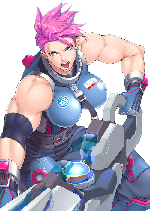 1girl armband armor armored_boots belt biceps blue_gloves boots bracer breasts cowboy_shot elbow_pads energy_gun gauntlets gloves gravity_gun green_eyes gun holding holding_gun holding_weapon huge_weapon ken19941028 large_breasts looking_at_viewer muscle muscular_female nose open_mouth overwatch pants pink_hair scar scar_across_eye short_hair simple_background sleeveless solo standing teeth weapon white_background zarya_(overwatch)