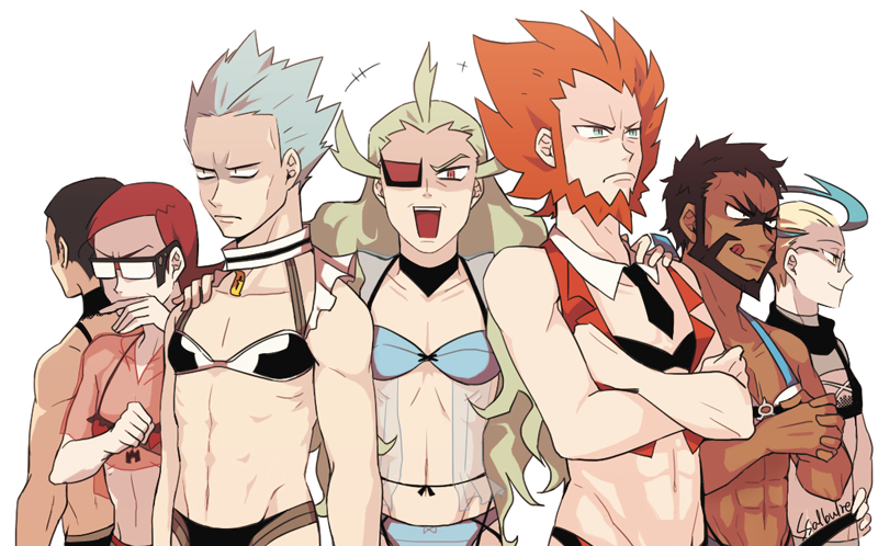 6+boys :d :q abs adapted_costume ahoge akagi_(pokemon) akuroma_(pokemon) aogiri_(pokemon) aogiri_(pokemon)_(remake) artist_name beard bikini black_hair blonde_hair brown_hair choker commentary covering_mouth cracking_knuckles crossed_arms eyepatch facial_hair fleur-de-lis_(pokemon) from_behind geechisu_(pokemon) glasses green_eyes green_hair grey_hair hand_on_another's_shoulder hand_on_hip long_hair matsubusa_(pokemon) matsubusa_(pokemon)_(remake) multicolored_hair multiple_boys navel necktie open_mouth pokemon red_eyes redhead sakaki_(pokemon) scar scar_across_eye see-through shaded_face short_hair smile ssalbulre streaked_hair swimsuit tongue tongue_out two-tone_hair wavy_hair