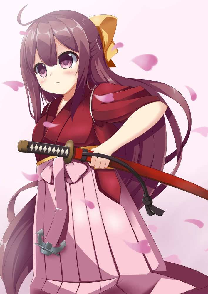 1girl bow brown_eyes brown_hair cherry_blossoms cowboy_shot frown hair_bow hakama japanese_clothes kamikaze_(kantai_collection) kantai_collection katana kimono long_hair meiji_schoolgirl_uniform peta_(taleslove596) pink_hakama red_kimono solo sword tasuki weapon yellow_bow