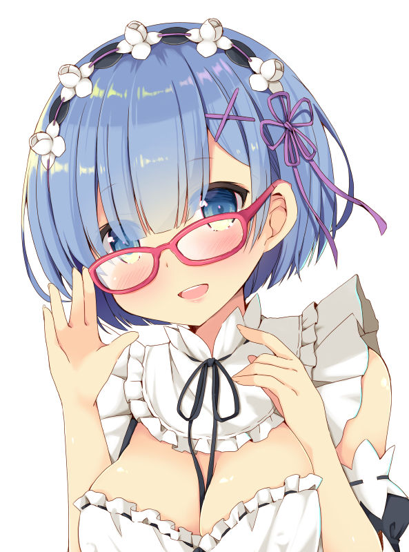 1girl bare_shoulders blue_eyes blue_hair blush breasts cleavage commentary_request glasses hair_ornament looking_at_viewer maid maid_headdress medium_breasts mori_airi open_mouth purple_ribbon re:zero_kara_hajimeru_isekai_seikatsu red-framed_eyewear rem_(re:zero) ribbon short_hair simple_background smile solo white_background x_hair_ornament