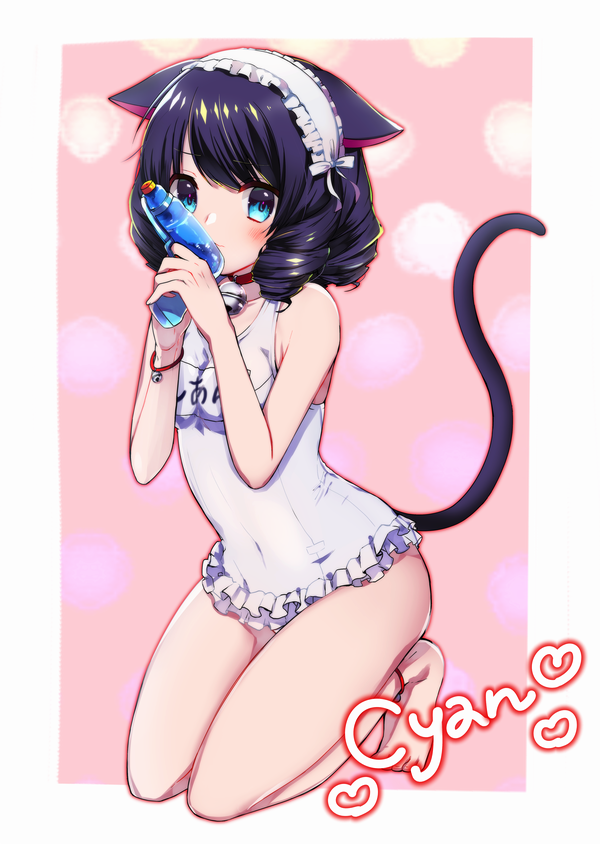 1girl animal_ears anklet artist_name bangs bare_arms bare_legs bare_shoulders barefoot bell bell_collar black_hair blue_eyes blush bracelet breasts cat_ears cat_tail character_name closed_mouth collar collarbone commentary_request curly_hair cyan_(show_by_rock!!) drill_hair frilled_hairband frilled_sleeves frilled_swimsuit frills full_body hair_ribbon hairband heart holding jewelry jingle_bell kneeling legs_together lolita_hairband looking_at_viewer name_tag nontraditional_school_swimsuit one-piece_swimsuit pink_background red_collar revision ribbon school_swimsuit short_hair show_by_rock!! small_breasts solo swimsuit tail tareme tsunoshima_kujira w_arms water_gun white_hairband white_ribbon white_school_swimsuit white_swimsuit