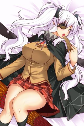 1girl bangs black_cape blazer blush breasts cape closed_umbrella eyepatch jacket large_breasts long_hair long_sleeves looking_at_viewer lowres lying miniskirt miyashiro_sousuke necktie on_back one_eye_covered open_mouth oriental_umbrella plaid plaid_skirt red_eyes red_necktie senran_kagura senran_kagura_(series) shuriken_hair_ornament skirt solo squid tongue tongue_out twintails umbrella white_hair yagyuu_(senran_kagura)