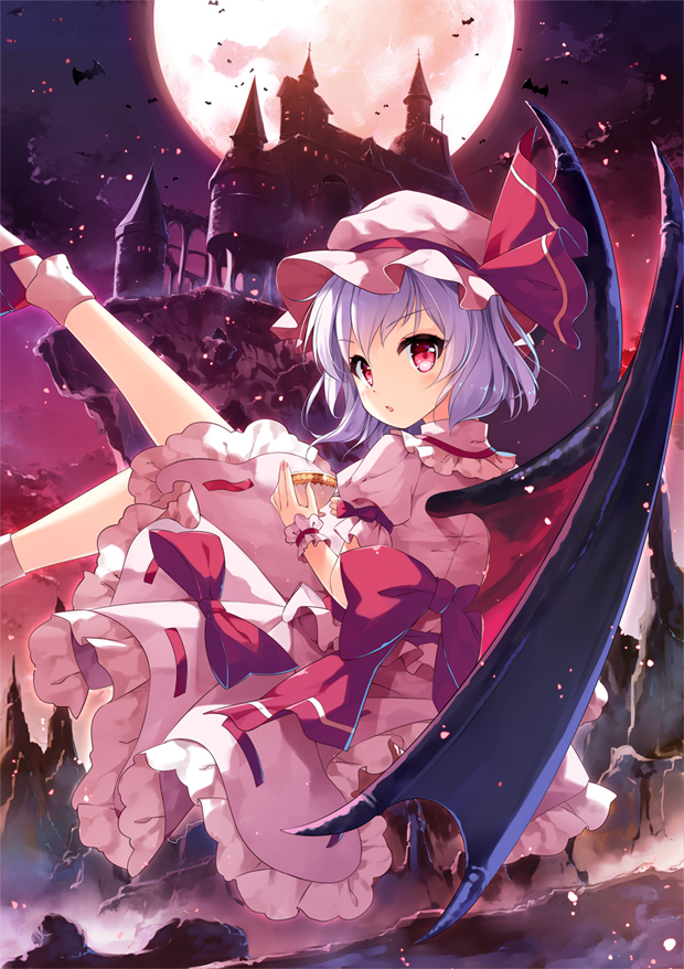 &gt;:o 1girl :o bangs bat bat_wings bobby_socks castle cup dress flying frilled_dress frills from_behind full_moon hat hat_ribbon looking_back miyase_mahiro mob_cap moon night pink_dress puffy_short_sleeves puffy_sleeves purple_hair red_eyes red_moon red_ribbon remilia_scarlet ribbon scarlet_devil_mansion short_hair short_sleeves socks solo teacup touhou wings wrist_cuffs