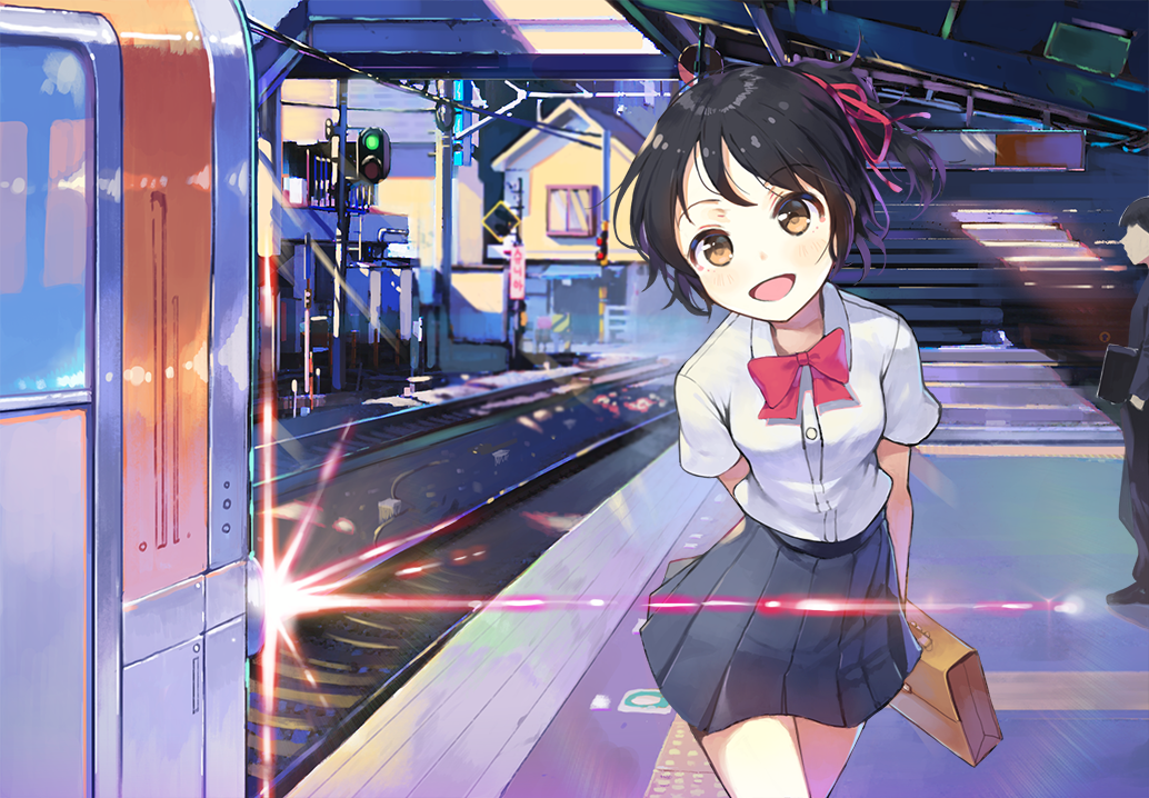 1boy 1girl :d arms_behind_back black_belt black_hair blue_skirt blush bow bowtie briefcase brown_eyes commentary diffraction_spikes eyebrows_visible_through_hair ground_vehicle hair_ribbon head_tilt kimi_no_na_wa leaning_forward looking_at_viewer miyamizu_mitsuha open_mouth original pleated_skirt railroad_tracks red_bow red_bowtie red_ribbon ribbon shirt shoonear short_hair short_sleeves skirt smile train train_station walking white_shirt yellow_eyes