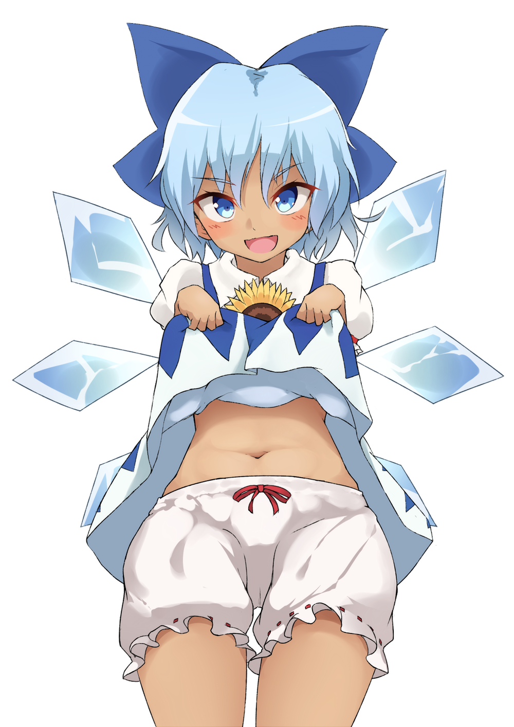 1girl bloomers blue_bow blue_eyes blue_hair blush bow cirno daidaiiro dress dress_lift flower hidden_star_in_four_seasons highres ice ice_wings looking_at_viewer navel open_mouth sunflower tan touhou underwear wings