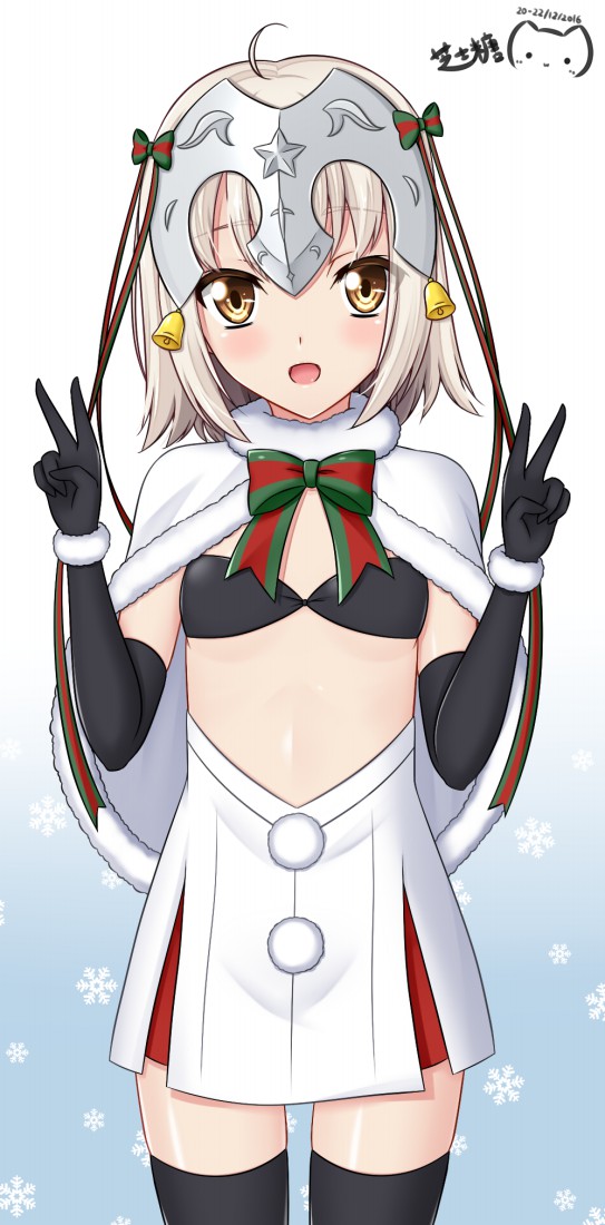 1girl :d ahoge bangs bikini_top black_bikini_top black_gloves black_legwear blonde_hair blush bow bowtie brown_eyes cape commentary_request cowboy_shot dated double_v elbow_gloves eyebrows_visible_through_hair fate_(series) flat_chest fur-trimmed_cape fur-trimmed_gloves fur_trim gloves gradient gradient_background hair_bow hand_gesture high-waist_skirt jeanne_alter jeanne_alter_(santa_lily)_(fate) looking_at_viewer multicolored_bow multicolored_bowtie open_mouth pom_pom_(clothes) ppshex ruler_(fate/apocrypha) shiny shiny_skin short_hair skirt smile snowflakes solo standing star striped striped_bow striped_bowtie thigh-highs translation_request v white_cape white_skirt zettai_ryouiki