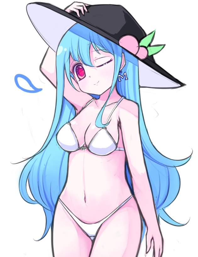 1girl bikini blue_hair earrings food fruit hat head_tilt hinanawi_tenshi jewelry long_hair looking_at_viewer midriff navel one_eye_closed peach red_eyes simple_background smile solo swimsuit thong touhou vils white_background