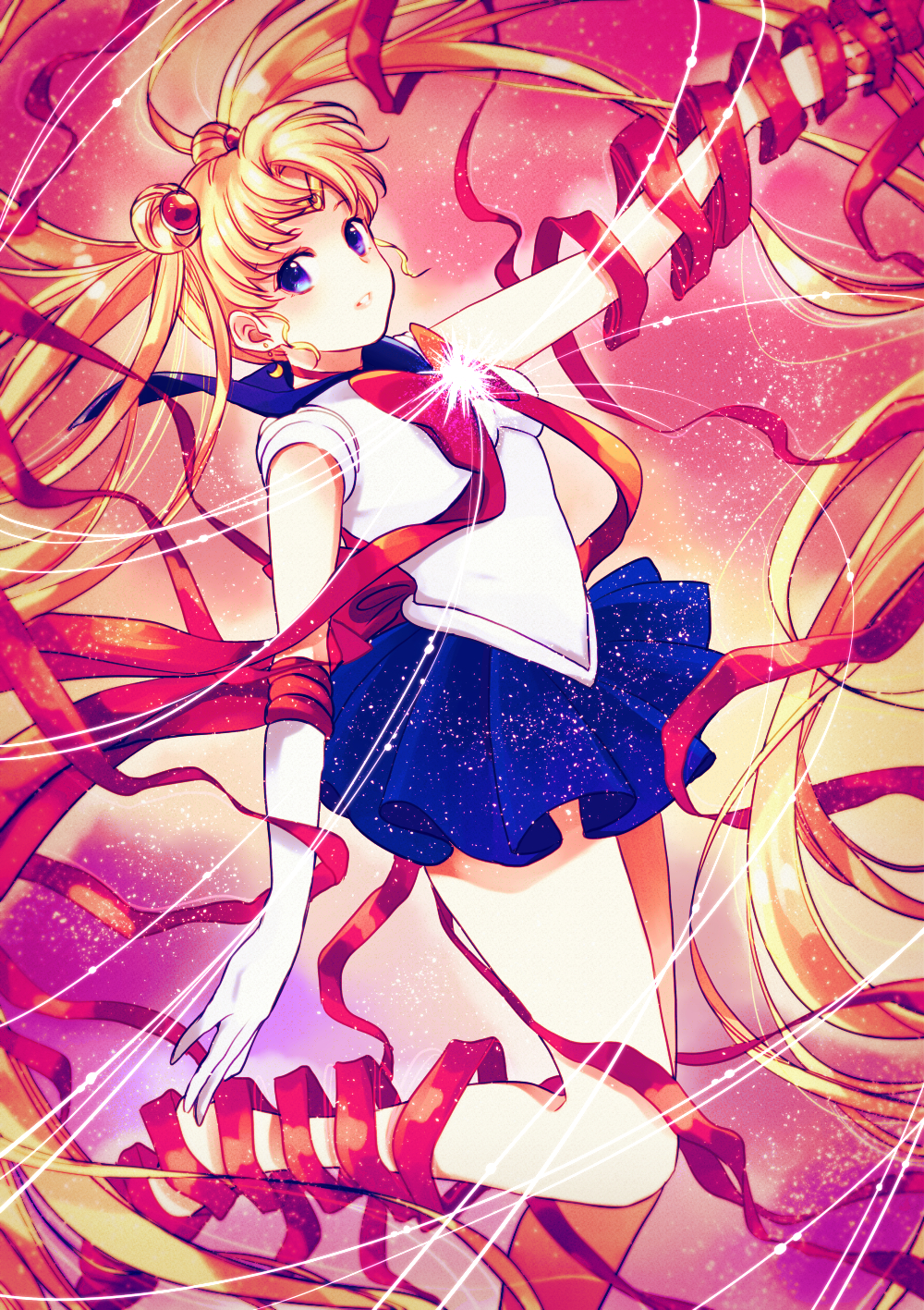 1girl absurdly_long_hair bare_legs bishoujo_senshi_sailor_moon blonde_hair blue_eyes blue_skirt double_bun elbow_gloves floating_hair gloves highres long_hair outstretched_arm parted_lips red_ribbon ribbon sailor_moon skirt solo transformation tsukino_usagi twintails ueno_haruki very_long_hair white_gloves