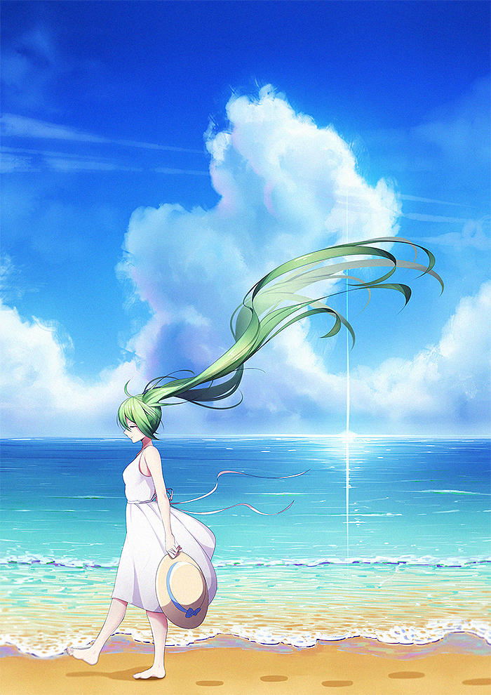 1girl barefoot blue_bow blue_sky bow closed_mouth clouds dress hat hat_bow hatsune_miku holding holding_hat horizon long_hair sky solo sundress twintails very_long_hair vocaloid walking white_dress xiaosan_ye