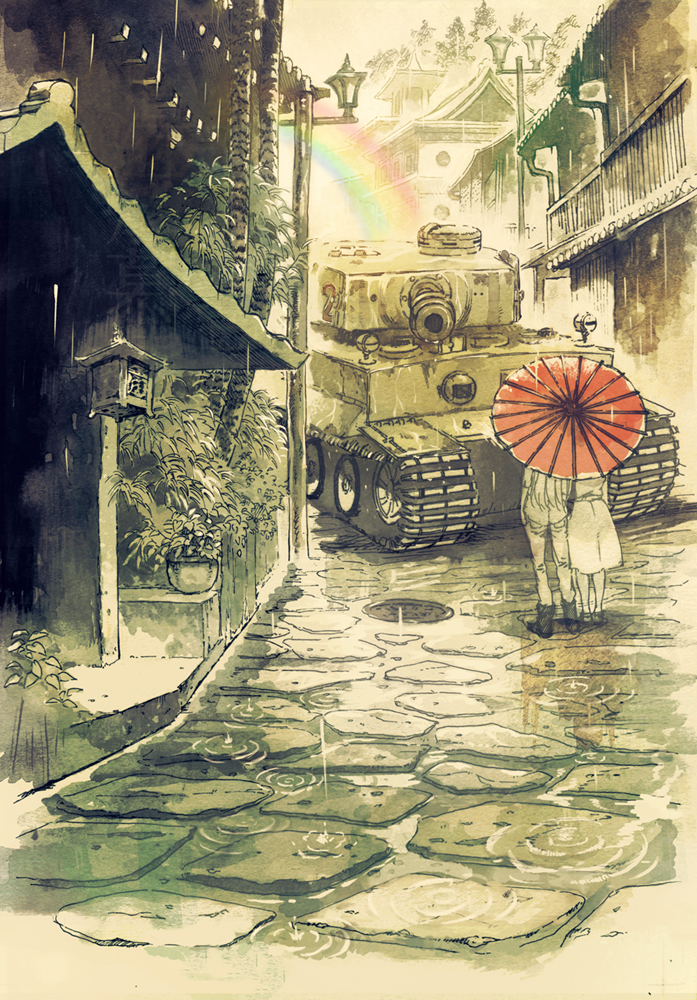 2girls architecture ballpoint_pen_(medium) blurry city commentary cosmic_(crownclowncosmic) cover cover_page depth_of_field doujin_cover east_asian_architecture girls_und_panzer ground_vehicle itsumi_erika lamppost long_hair military military_vehicle motor_vehicle multiple_girls muted_color nishizumi_miho oriental_umbrella rain rainbow ripples road scenery sketch street tank tiger_i traditional_media tree umbrella water_drop watercolor_(medium)
