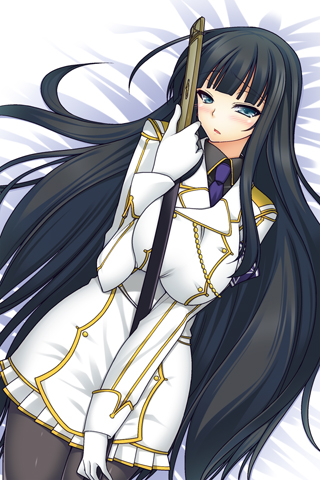 1girl bangs black_hair black_legwear blue_eyes blunt_bangs blush breasts gloves holding holding_sword holding_weapon ikaruga_(senran_kagura) katana large_breasts long_hair long_sleeves looking_at_viewer lowres lying military military_uniform miyashiro_sousuke on_back pantyhose parted_lips senran_kagura senran_kagura_(series) sidelocks solo sword uniform very_long_hair weapon white_gloves