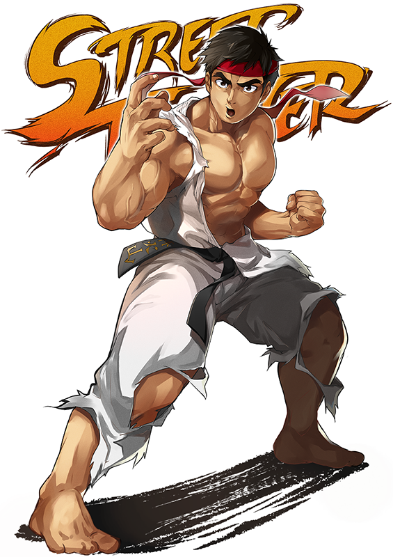 1boy 8_(yamalu) barefoot black_hair brown_eyes clenched_hand copyright_name dougi fighting_stance full_body headband male_focus muscle open_mouth ryuu_(street_fighter) simple_background solo street_fighter torn_clothes white_background wide_stance