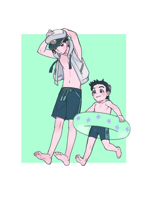 2boys barefoot black_eyes black_hair child hat hood hoodie jojo_no_kimyou_na_bouken jojolion kira_yoshikage_(jojolion) kuujou_josefumi male_focus male_swimwear military_hat multiple_boys navel reammara sleeveless sleeveless_hoodie star swim_trunks swimwear younger