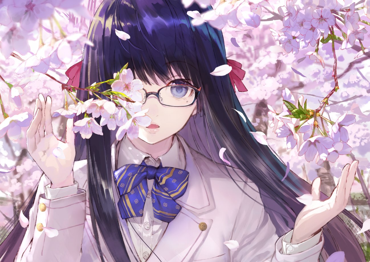 1girl bangs black_hair blazer blue_eyes blurry cherry_blossoms collared_shirt depth_of_field eyebrows_visible_through_hair glasses hands_up jacket long_hair long_sleeves looking_at_viewer open_mouth original petals school_uniform shirabi_(life-is-free) shirt solo upper_body white_shirt
