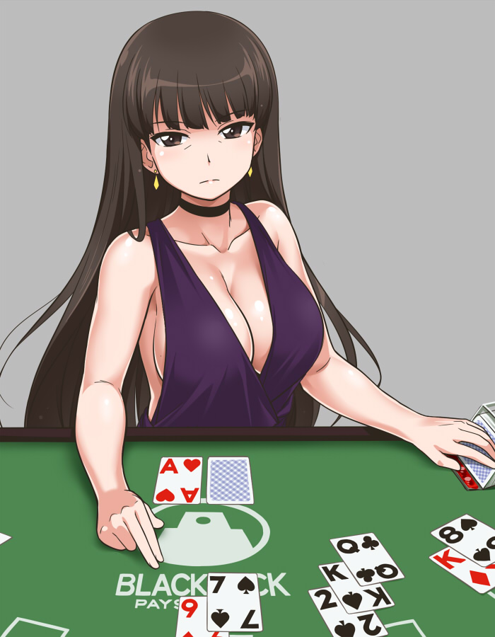 1girl bags_under_eyes bare_shoulders breasts brown_eyes brown_hair card cleavage cocktail_dress dress emblem girls_und_panzer large_breasts long_hair looking_at_viewer nishizumi_shiho solo youkan